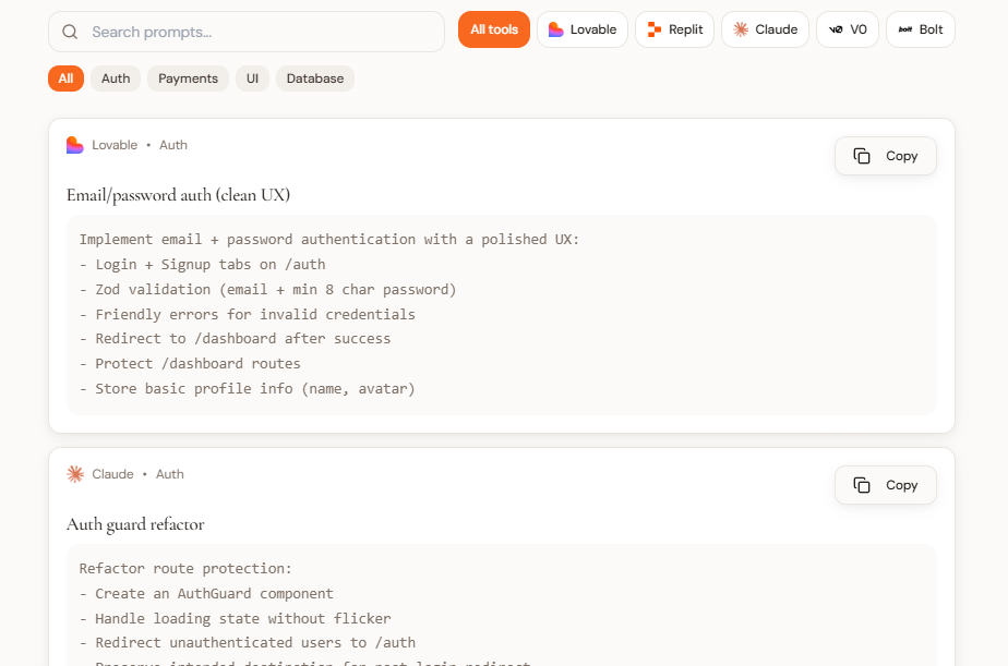 vibecodeprompts – AI Prompt Generator for Vibe Coding Tools